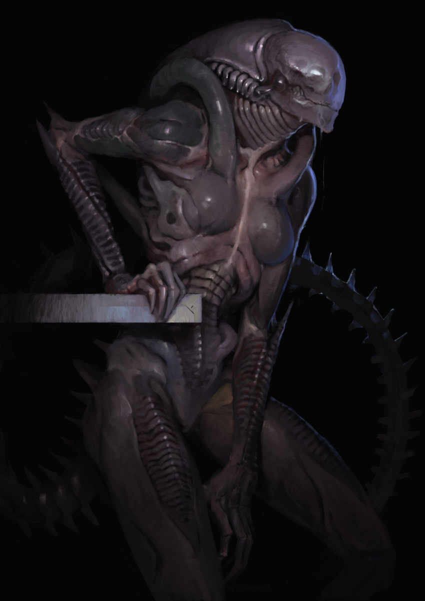 alien alien_(franchise) athletic black_background bodily_fluids breasts digital_media_(artwork) drooling eyeless featureless_breasts female hi_res humanoid long_tail noseless oleg_bulakh saliva simple_background skinny skinny_tail slim solo spiked_tail spikes spikes_(anatomy) tail thin_tail xenomorph