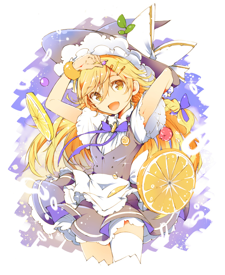 1girl absurdres black_headwear black_skirt black_vest blonde_hair bow food fruit hair_between_eyes hat hat_bow highres ichizen_(o_tori) kirisame_marisa long_hair open_mouth orange_(fruit) orange_slice shirt short_sleeves skirt smile solo touhou vest white_bow white_shirt witch_hat yellow_eyes