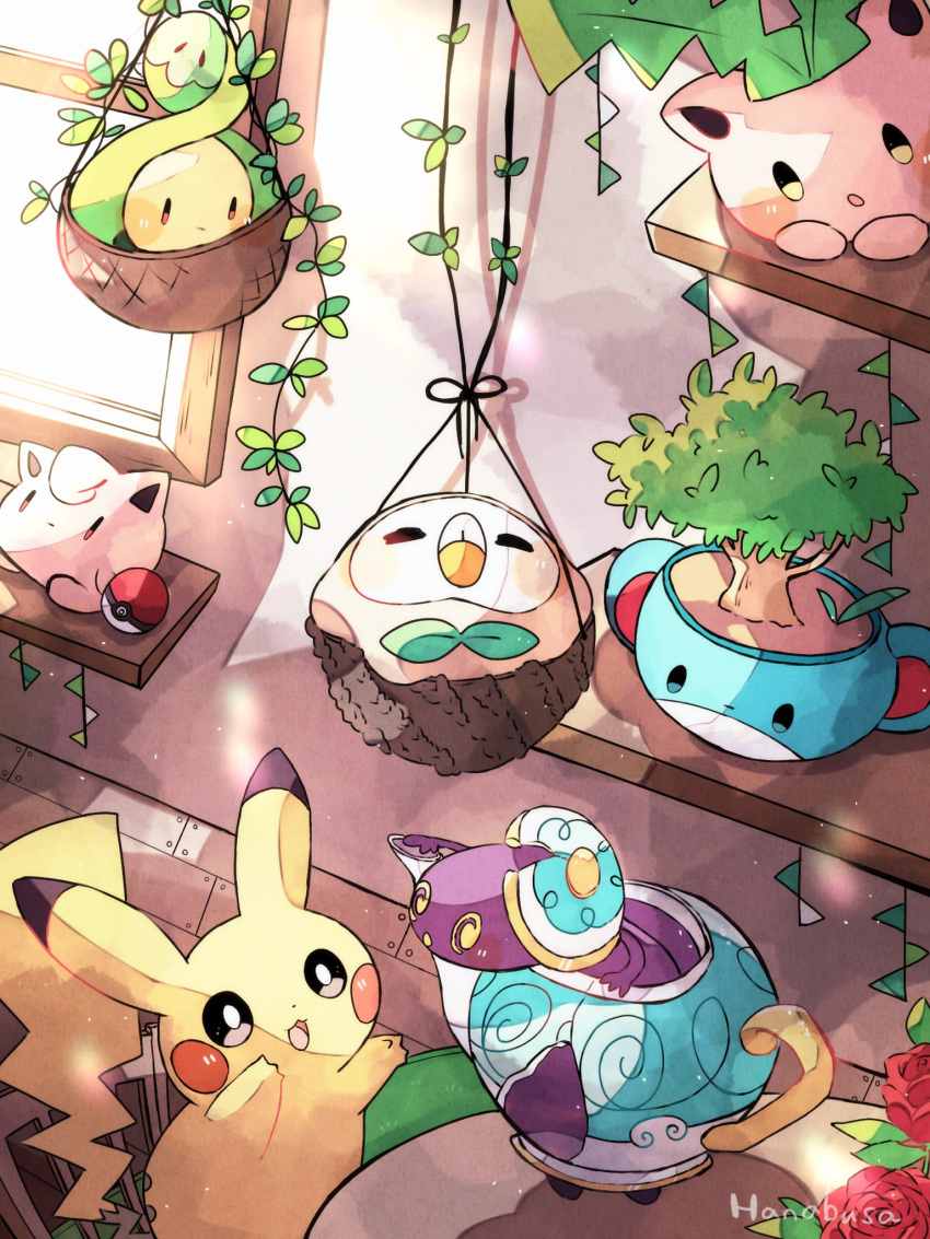 :d animal_focus artist_name bird budew clefairy closed_eyes colored_skin commentary_request flower green_necktie hanabusaoekaki hanging_plant highres hoppip indoors marill necktie no_humans owl pikachu plant poke_ball pokemon pokemon_(creature) polteageist potted_plant red_flower red_rose rose rowlet sleeping smile solid_oval_eyes tail teapot tree wooden_floor yellow_skin