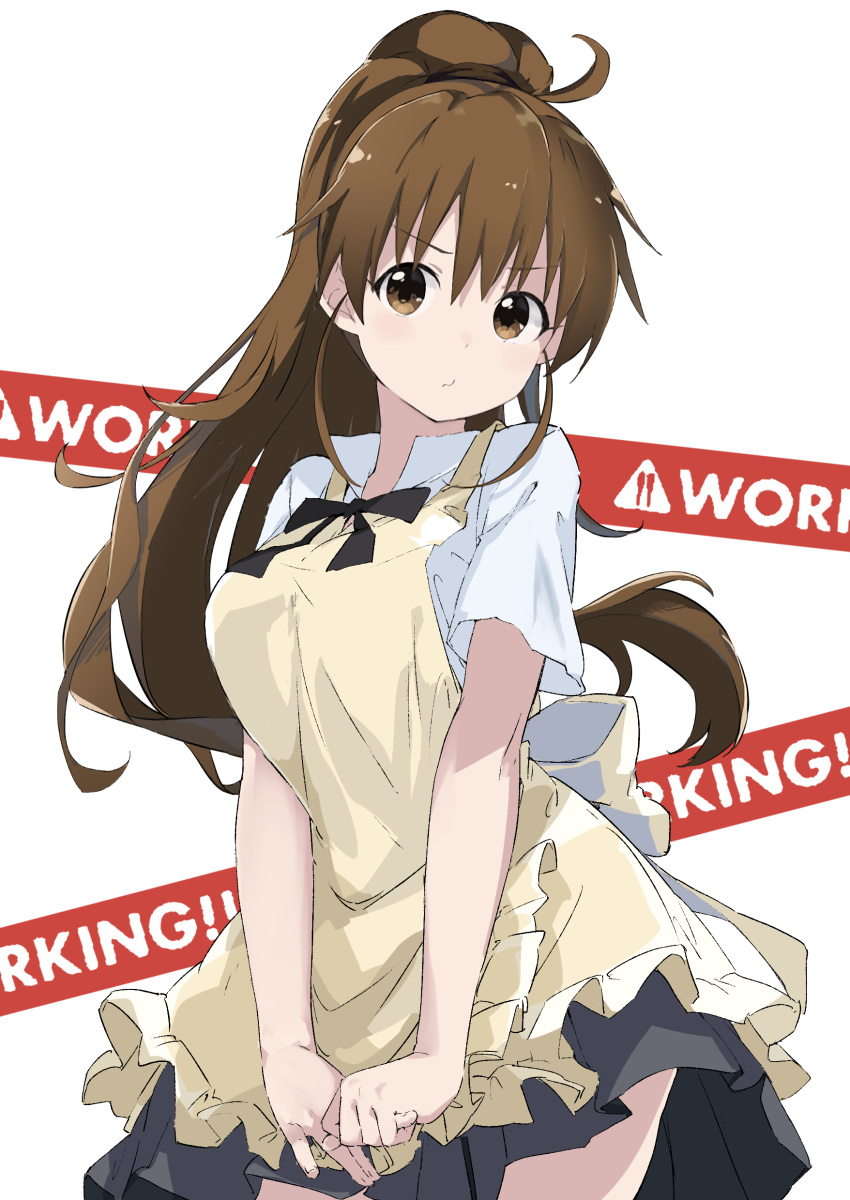 1girl absurdres ahoge apron arched_back black_bow black_bowtie bow bowtie breasts brown_eyes brown_hair commentary_request copyright_name cowboy_shot eyelashes frilled_apron frills head_tilt high_ponytail highres holding_finger large_breasts leaning_to_the_side looking_at_viewer own_hands_together pleated_skirt ponytail pout rauto shadow shirt short_sleeves sidelocks skirt solo taneshima_popura wagnaria_uniform waitress white_background white_shirt working!!