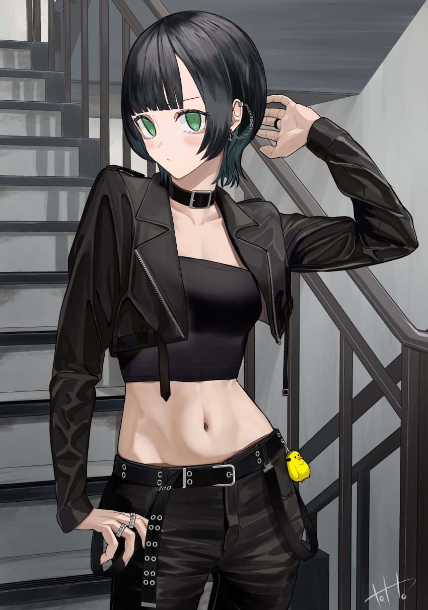 1girl absurdres belt belt_collar black_belt black_hair black_jacket black_pants black_theme blush breasts closed_mouth collar commentary_request contrapposto cowboy_shot crop_top cropped_jacket douryou_(buta5813) ear_chain fingernails green_eyes hand_up highres jacket jewelry leather leather_jacket long_fingernails long_sleeves looking_at_viewer medium_breasts midriff multiple_rings navel open_clothes open_jacket original pants ring short_hair signature solo stairs stairwell tetto_(onnoveltet)