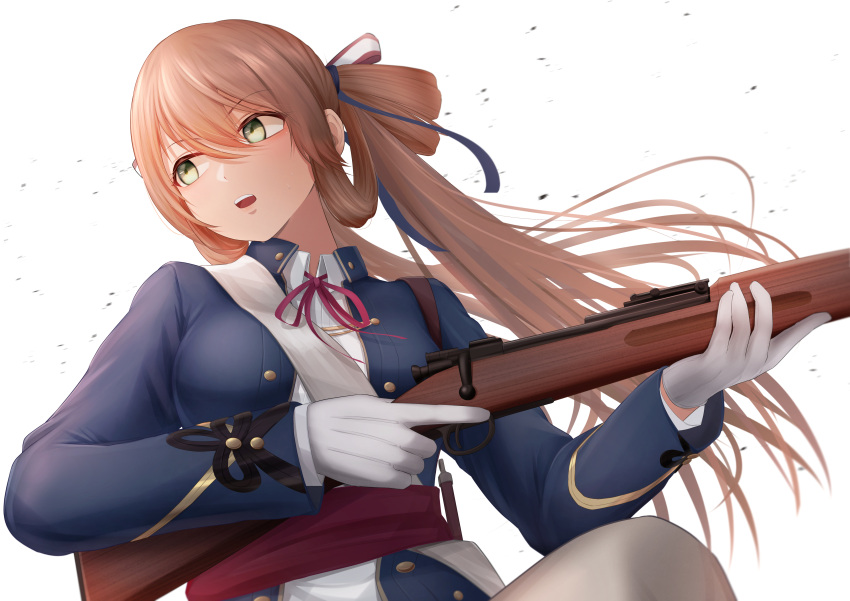 1girl absurdres blazer blue_jacket bolt_action breasts brown_hair collared_shirt commentary_request from_below girls'_frontline gloves green_eyes guchagucha gun hair_between_eyes hair_ribbon hair_rings highres holding holding_weapon jacket large_breasts long_hair long_sleeves looking_to_the_side m1903_springfield neck_ribbon open_clothes open_jacket open_mouth red_ribbon red_sash ribbon rifle sash shirt shoulder_sash simple_background solo springfield_(girls'_frontline) teeth trigger_discipline twintails upper_body upper_teeth_only weapon white_background white_gloves white_sash white_shirt