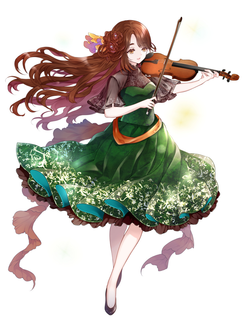 1girl black_footwear bow_(music) breasts brown_eyes brown_hair chain_paradox dress flower full_body green_dress hair_flower hair_ornament highres holding_bow_(music) instrument jm_pbw long_hair music nanamori_minoru open_mouth playing_instrument small_breasts solo standing transparent_background violin