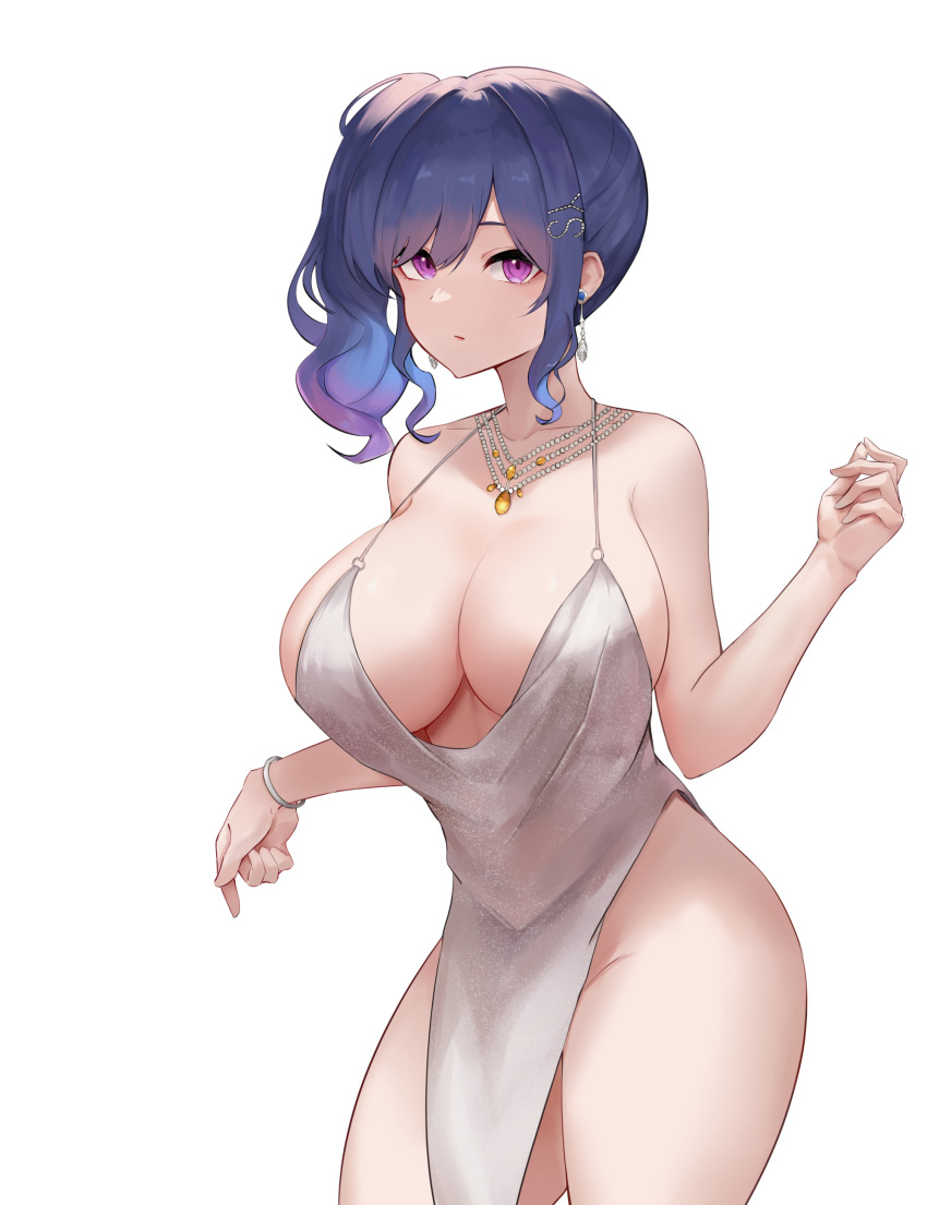 1girl absurdres azur_lane blue_hair bracelet breasts cleavage cowboy_shot dress evening_gown hair_ornament highres jewelry large_breasts necklace obniermarbiss official_alternate_costume pelvic_curtain purple_eyes revealing_clothes side_ponytail simple_background st._louis_(azur_lane) st._louis_(luxurious_wheels)_(azur_lane) white_background