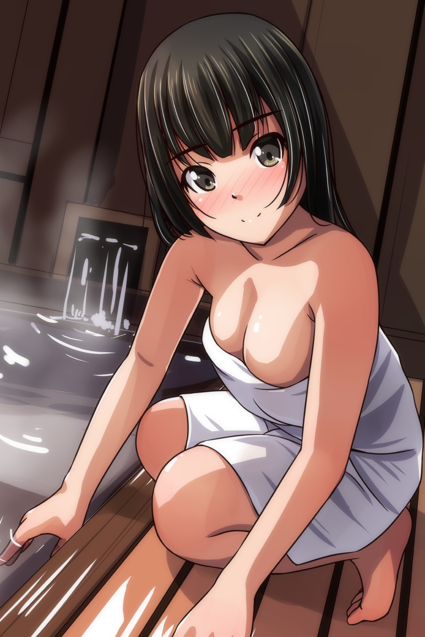 1girl absurdres bare_arms bare_shoulders barefoot black_hair blush breasts brown_eyes cleavage closed_mouth collarbone highres long_hair looking_at_viewer matsunaga_kouyou medium_breasts naked_towel nose_blush original smile solo squatting tiptoes towel water