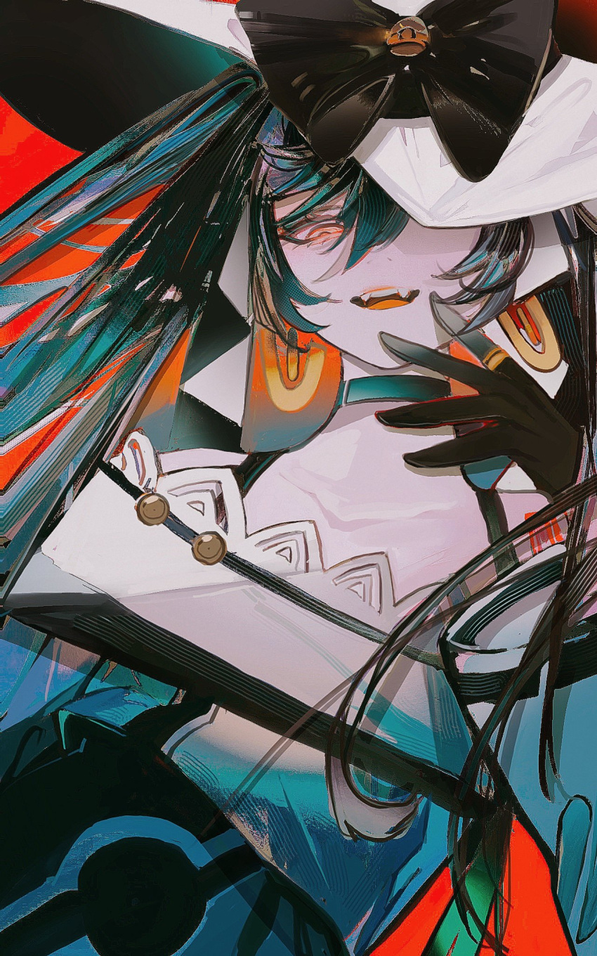 1girl bare_shoulders black_choker black_gloves black_ribbon choker dark_green_hair dark_miku_(project_voltage) earrings evil_smile fangs gloves hair_between_eyes hat hat_ribbon hatsune_miku highres jewelry john_kafka looking_at_viewer luxury_ball one_eye_covered poke_ball pokemon project_voltage red_eyes ribbon ring smile vocaloid