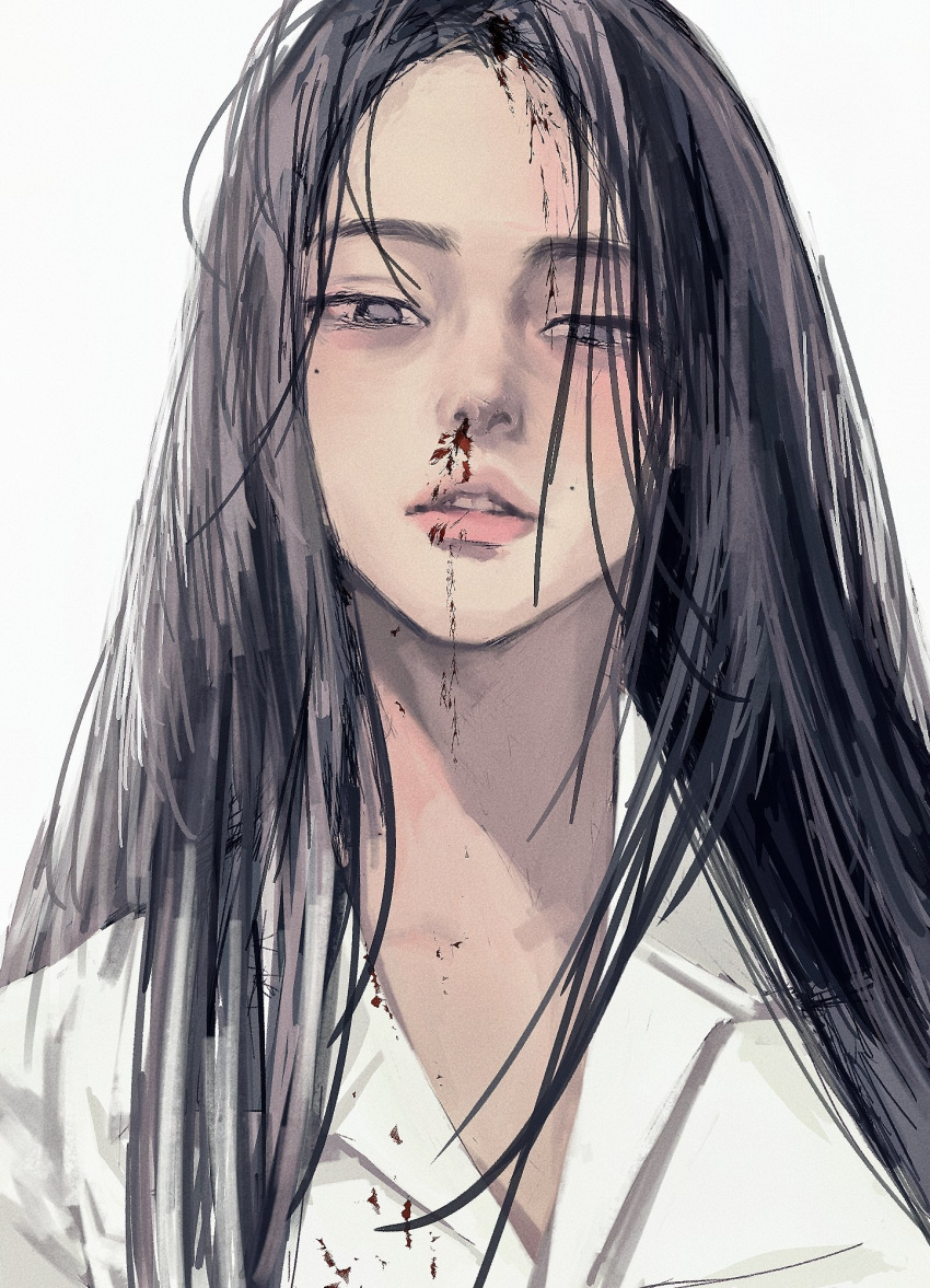 1girl black_hair blood blood_on_face commentary grey_eyes highres lee_q_p looking_at_viewer mole mole_above_mouth mole_under_eye no_pupils nosebleed original parted_lips portrait simple_background solo symbol-only_commentary teeth white_background