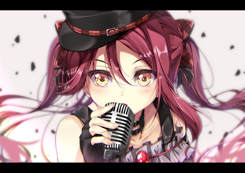 1girl black_choker black_gloves black_headwear blurry blurry_background blush bow choker collarbone commentary dress english_commentary fingerless_gloves floating_hair frilled_dress frills gloves grey_dress hair_between_eyes hair_bow highres holding holding_microphone idol idol_clothes letterboxed long_hair looking_at_viewer love_live! love_live!_sunshine!! microphone music open_mouth plaid plaid_bow red_bow red_brooch red_hair sakurauchi_riko shadow singing solo two_side_up upper_body white_background yangus_(2143077) yellow_eyes