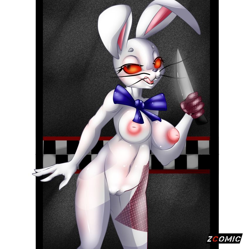 animal_humanoid big_breasts big_nipples breasts female five_nights_at_freddy's five_nights_at_freddy's:_security_breach genitals hi_res holding_knife holding_object humanoid knife lagomorph lagomorph_humanoid leporid licking licking_lips looking_at_viewer mammal mammal_humanoid navel nipples patchwork_creature pussy rabbit scottgames solo steel_wool_studios tongue tongue_out vanny_(fnaf) zcomic