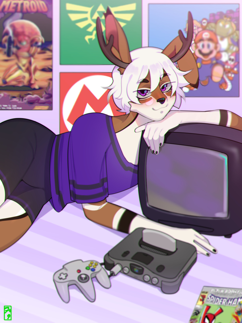 anthro antlers controller freakster game_console game_controller hi_res horn jackalope jett_hopscotch lagomorph male mammal n64_cartridge n64_console n64_controller nintendo nintendo_64 nintendo_controller solo solo_focus