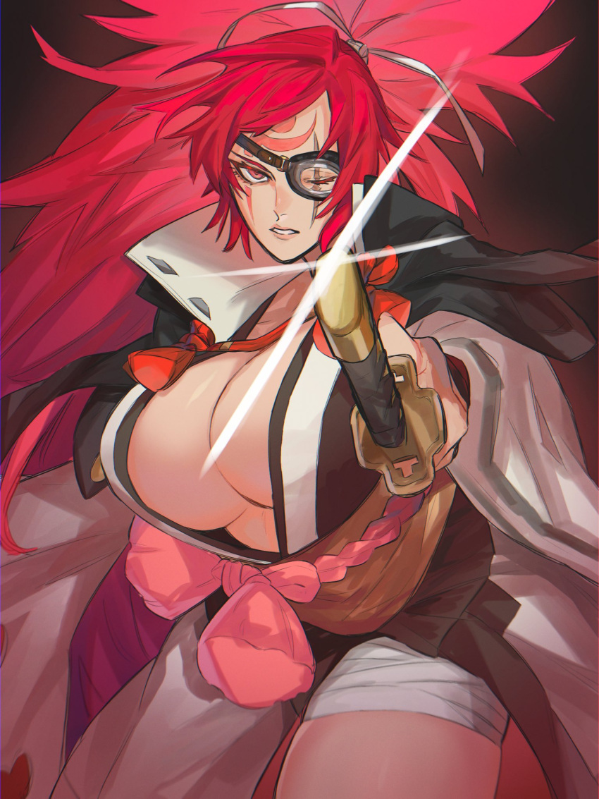 1girl amputee baiken big_hair black_jacket black_kimono breasts cleavage eyepatch facial_tattoo guilty_gear guilty_gear_strive highres jacket jacket_on_shoulders japanese_clothes katana kimono large_breasts long_hair luci_omi_gusu multicolored_clothes multicolored_kimono one-eyed open_clothes open_kimono pink_hair ponytail red_eyes samurai sash scar scar_across_eye scar_on_face solo sword tattoo torn_sleeve weapon white_kimono