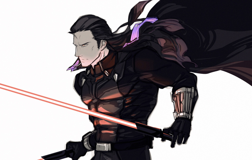 absurdres black_bodysuit black_cape black_hair bodysuit cape energy_sword fate/grand_order fate_(series) highres holding holding_lightsaber holding_sword holding_weapon lightsaber long_hair nikola_tesla_(fate) profile red_lightsaber simple_background sith star_wars sword upper_body viscontiapclyps weapon white_background yellow_eyes