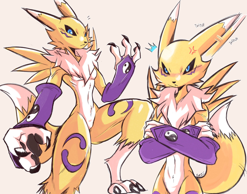 2023 3_fingers anthro armwear bandai_namco beezii black_sclera blue_eyes breasts bridal_gauntlets clothing cross-popping_vein crossed_arms digimon digimon_(species) dipstick_tail female fingers fur hi_res leg_markings markings neck_tuft onomatopoeia renamon small_breasts socks_(marking) solo sound_effects tail tail_markings text tuft white_body white_fur yellow_body yellow_fur