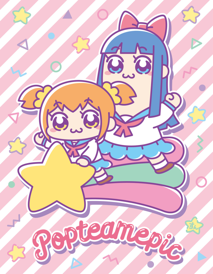 2girls :3 ankle_socks ascot blue_eyes blue_hair blue_sailor_collar blue_skirt blush_stickers bow brown_footwear circle eyelashes full_body hair_bow hair_ornament hair_scrunchie highres long_hair long_sleeves multiple_girls orange_hair pipimi poptepipic popuko red_ascot red_bow sailor_collar school_uniform scrunchie serafuku shirt shoes shooting_star short_twintails skirt socks squiggle star_(symbol) sunpic triangle twintails white_shirt white_socks yellow_eyes yellow_scrunchie