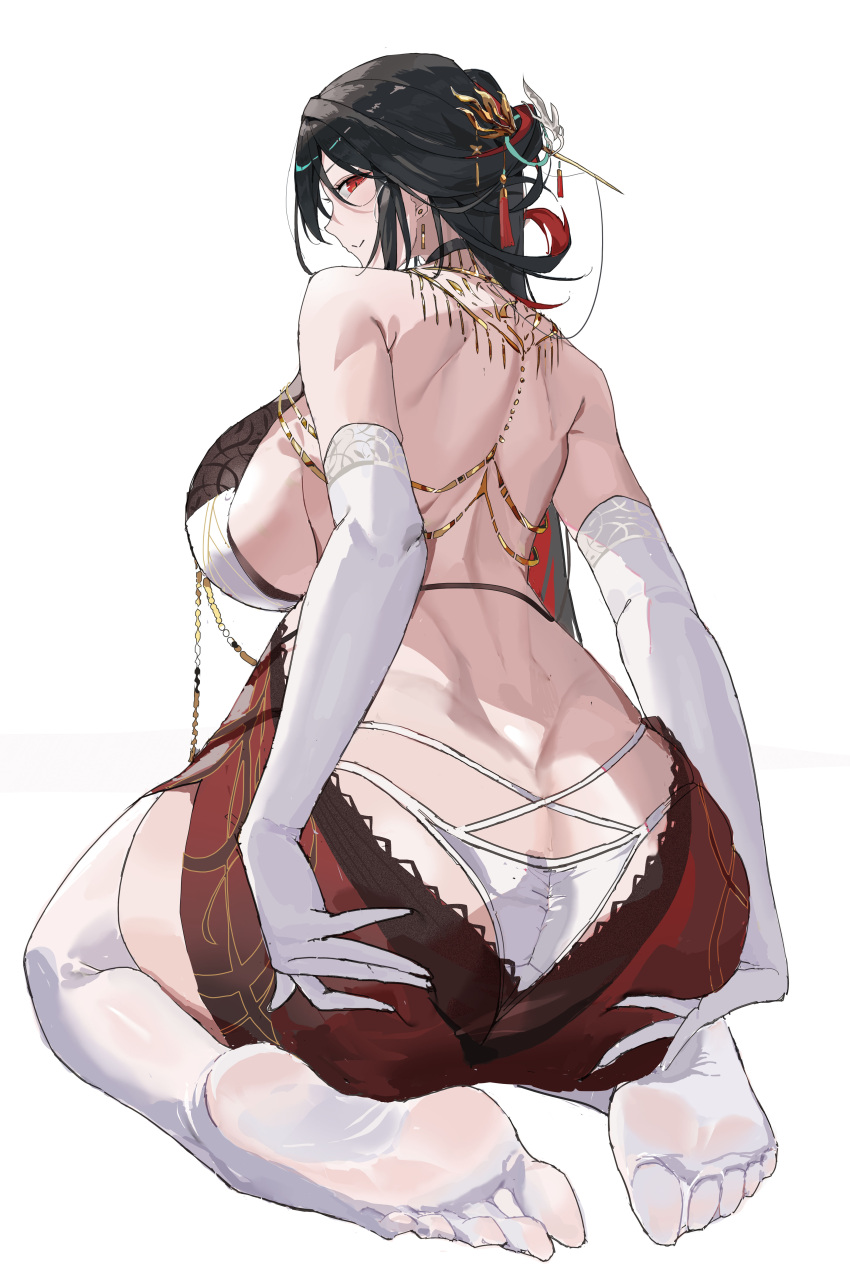 1girl absurdres aether_gazer ass ass_focus backless_dress backless_outfit bare_shoulders black_choker black_hair breasts brooch character_request chinese_commentary choker commentary_request dress elbow_gloves from_behind gloves highres huge_breasts jewelry long_hair looking_at_viewer looking_back no_shoes panties red_dress red_eyes seiza simple_background sitting smile solo thighhighs underwear white_background white_gloves white_panties white_thighhighs xinlingjitang