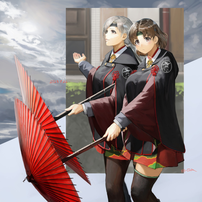 2girls 9-ga artist_name black_thighhighs brown_eyes brown_hair chitose_(kancolle) chiyoda_(kancolle) dated feet_out_of_frame from_side grey_hair highres holding holding_umbrella kantai_collection long_hair looking_at_viewer looking_to_the_side looking_up low_ponytail medium_hair multiple_girls official_alternate_costume oil-paper_umbrella red_skirt skirt swept_bangs thighhighs umbrella