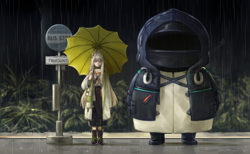 1girl absurdres arknights black_coat black_jacket bus_stop coat doctor_(arknights) elf feather_hair highres holding holding_umbrella hood hood_up hooded_coat hooded_jacket jacket laurel_crown mask muelsyse_(arknights) open_clothes open_coat open_labcoat pointy_ears rain rhine_lab_logo thokuma umbrella water_drop wet wet_clothes white_coat