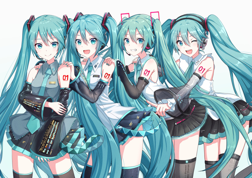 4girls absurdres aqua_eyes aqua_hair aqua_nails aqua_necktie black_skirt black_sleeves blue_eyes blue_hair blue_necktie blush boots collared_shirt conga_line contrapposto crypton_future_media detached_sleeves frilled_shirt frills grey_shirt hair_between_eyes hair_ornament hand_on_own_arm hands_on_another's_shoulders hatsune_miku hatsune_miku_(nt) hatsune_miku_(vocaloid3) hatsune_miku_(vocaloid4) headphones headset highres itogari long_hair looking_at_viewer multiple_girls multiple_persona necktie number_tattoo one_eye_closed open_mouth piapro pleated_skirt pointing semi-transparent shirt simple_background skirt sleeveless sleeveless_shirt smile tattoo thigh_boots twintails very_long_hair vocaloid white_background white_shirt