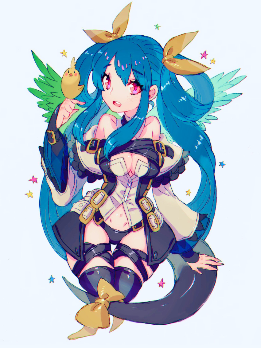 1girl angel_wings asymmetrical_wings bare_shoulders bird black_thighhighs blue_hair blue_wings bow breasts cleavage dark_blue_hair detached_sleeves dizzy_(guilty_gear) feathered_wings feathers green_feathers green_wings guilty_gear guilty_gear_xrd guilty_gear_xx hair_ribbon hair_rings highres large_breasts long_hair monster_girl pink_eyes ribbon tail tail_bow tail_ornament tail_ribbon thighhighs wings yellow_ribbon yohane_shimizu