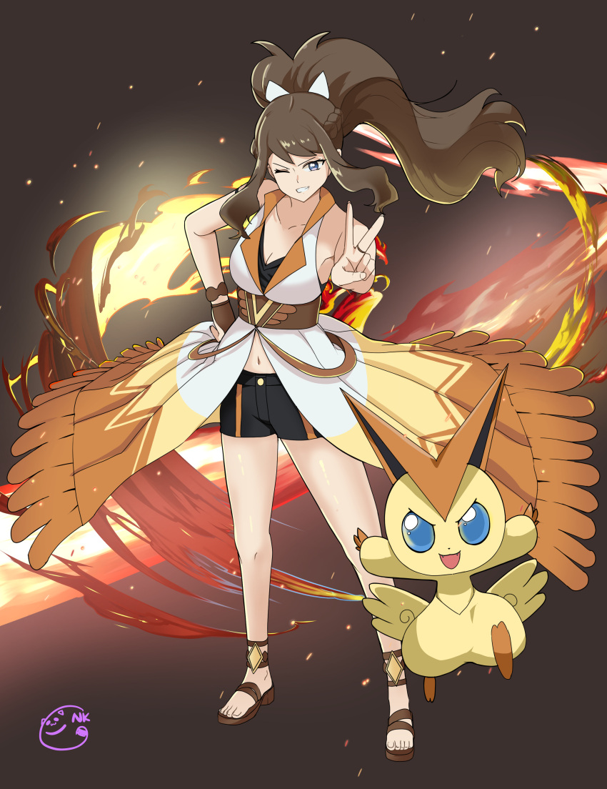 1girl absurdres artist_logo black_shorts blue_eyes breasts cleavage collarbone commentary_request embers fire full_body hand_on_own_hip highres hilda_(pokemon) hilda_(sygna_suit)_(pokemon) korean_commentary midriff navel neogul_kim official_alternate_costume one_eye_closed pokemon pokemon_(creature) pokemon_(game) pokemon_masters_ex ponytail sandals shorts smile v victini