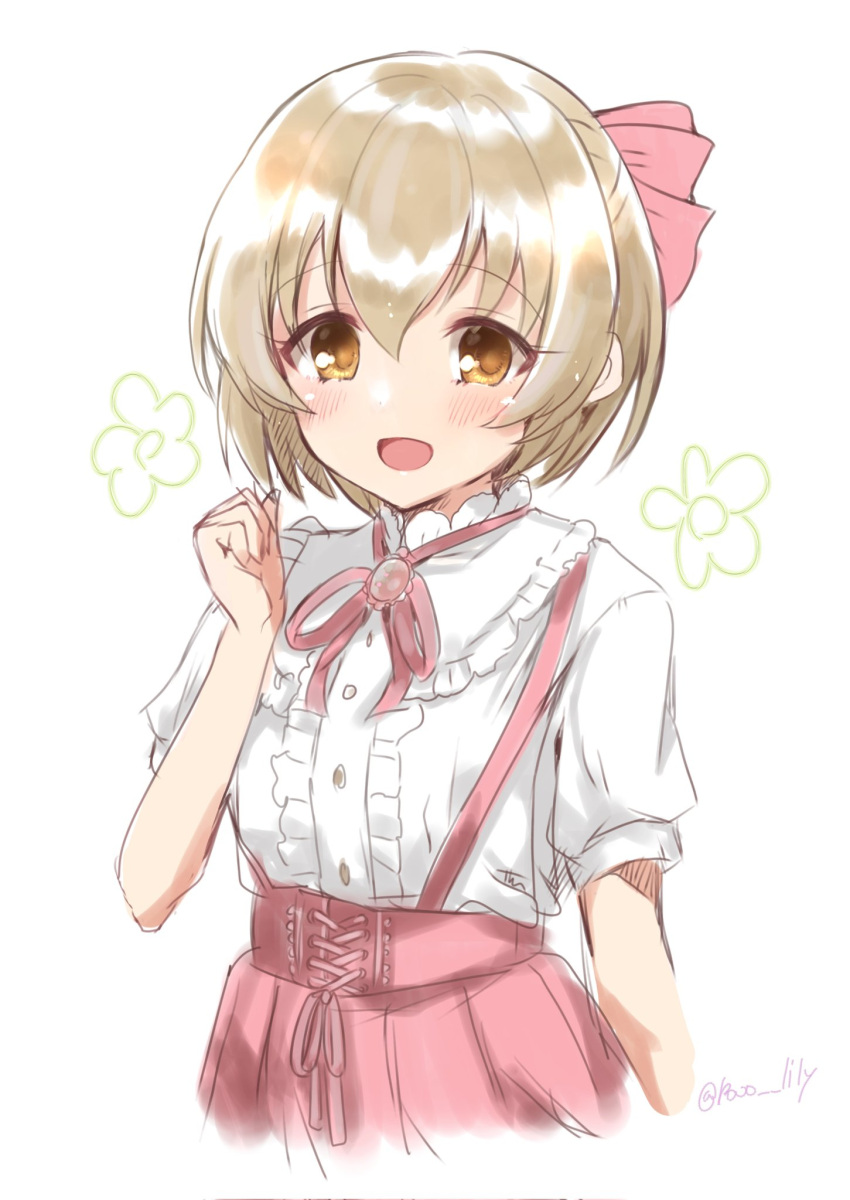 1girl blonde_hair bob_cut bow buttons child clenched_hand collared_shirt dot_nose flower_(symbol) frilled_shirt frilled_shirt_collar frills hair_between_eyes hair_bow hand_up highres idolmaster idolmaster_cinderella_girls idolmaster_cinderella_girls_u149 koga_koharu light_blush looking_at_viewer neck_ribbon open_mouth overall_skirt paopao pink_bow pink_ribbon pink_skirt ribbon shirt short_hair short_sleeves signature simple_background skirt smile solo straight_hair strap upper_body white_background white_shirt yellow_eyes