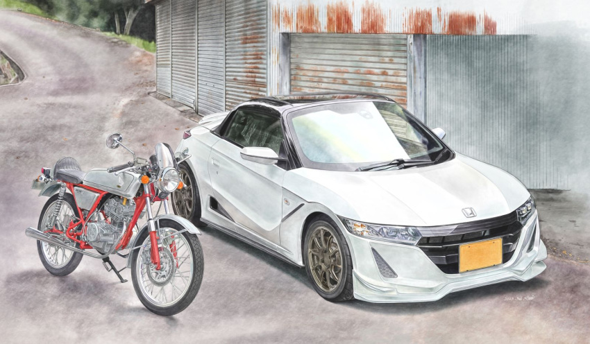 asai_takashi car english_commentary highres honda honda_s660 mixed-language_commentary motor_vehicle motorcycle no_humans original road sports_car tree vehicle_focus