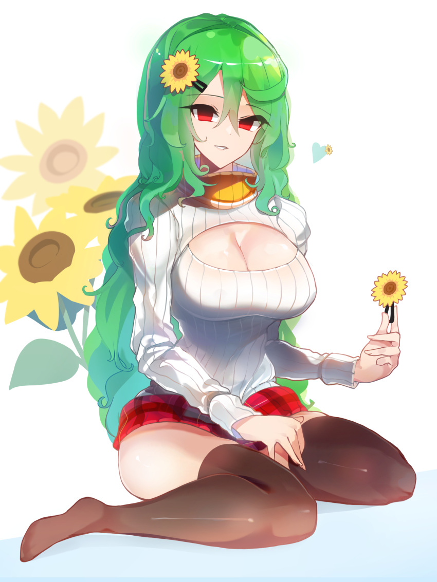 1girl absurdres adapted_costume black_thighhighs breasts cleavage commentary flower full_body green_hair hair_flower hair_ornament highres holding holding_flower kaliningradg kazami_yuuka large_breasts long_hair looking_at_viewer parted_lips red_eyes simple_background solo sunflower sweater symbol-only_commentary thighhighs touhou white_background white_sweater