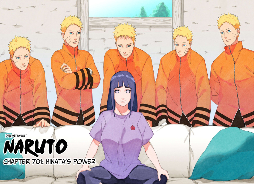 1girl 5boys black_hair blank_eyes blonde_hair blue_eyes blue_hair boruto:_naruto_next_generations breasts byakugan clone commentary couch dark_blue_hair deontayart doppelganger english_text facial_mark highres husband_and_wife hyuuga_hinata indoors large_breasts long_hair meme multiple_boys naruto_(series) piper_perri_surrounded_(meme) short_hair sitting symbol-only_commentary uzumaki_naruto very_short_hair watermark whisker_markings