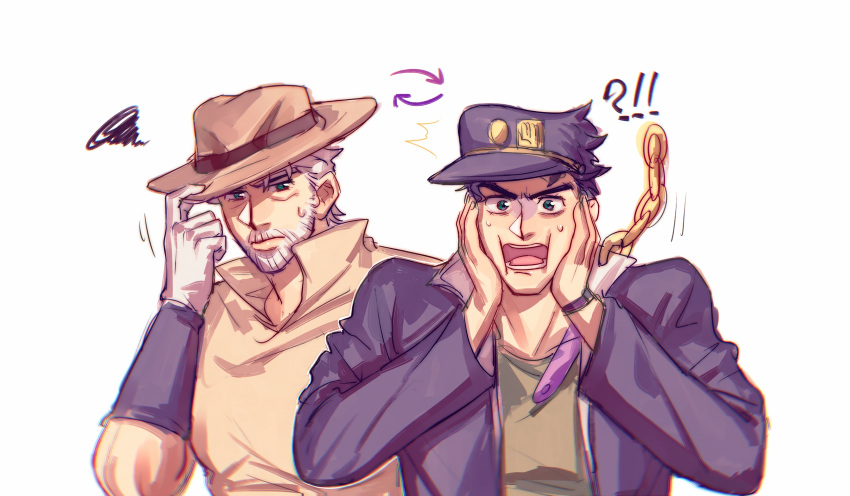 !? 2608337875 ^^^ absurdres adjusting_clothes adjusting_headwear black_hair chain gloves green_eyes grey_hair hands_on_own_cheeks hands_on_own_face hat highres jojo_no_kimyou_na_bouken joseph_joestar joseph_joestar_(old) kujo_jotaro personality_switch shaded_face squiggle stardust_crusaders sweatdrop white_gloves