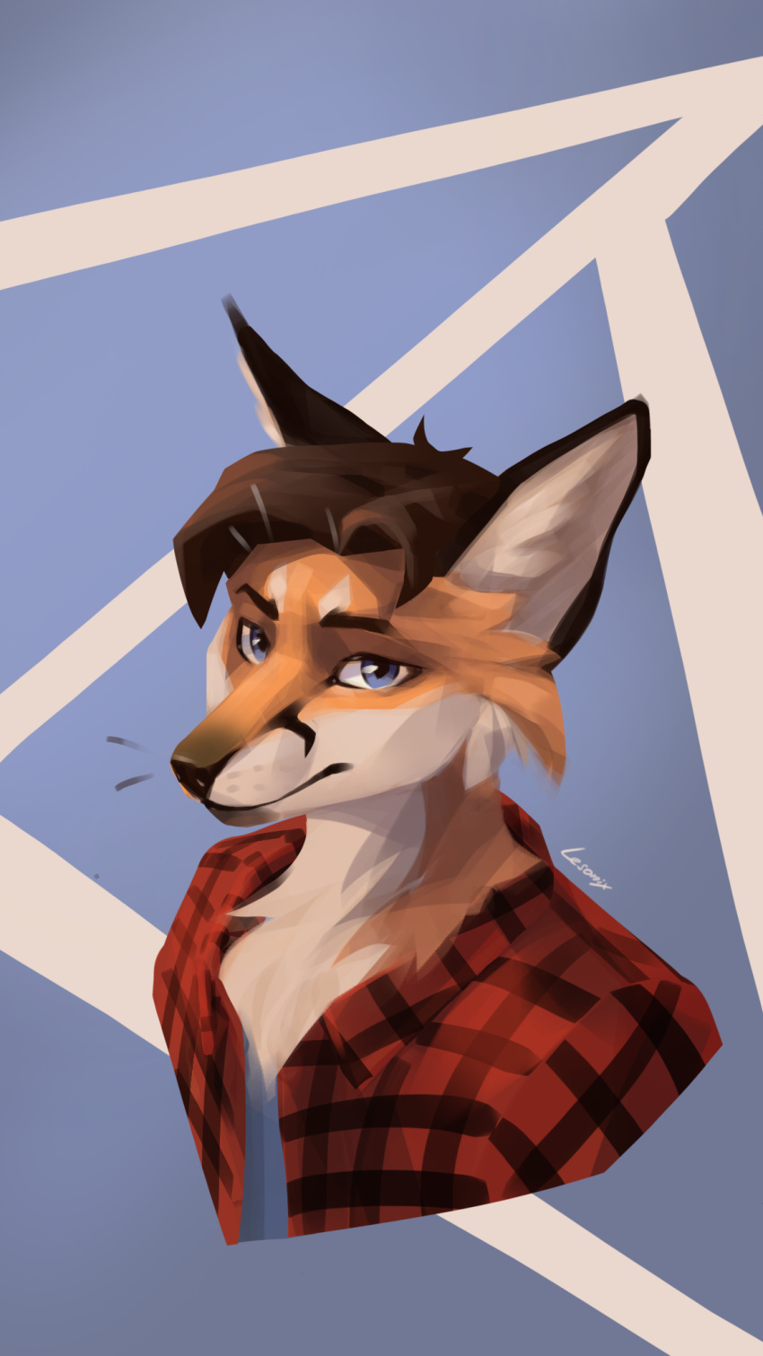 anthro avatar_(disambiguation) canid canine clothed clothing fox ginger hair hi_res lesanix male mammal portrait red_hair shirt simple_background solo topwear