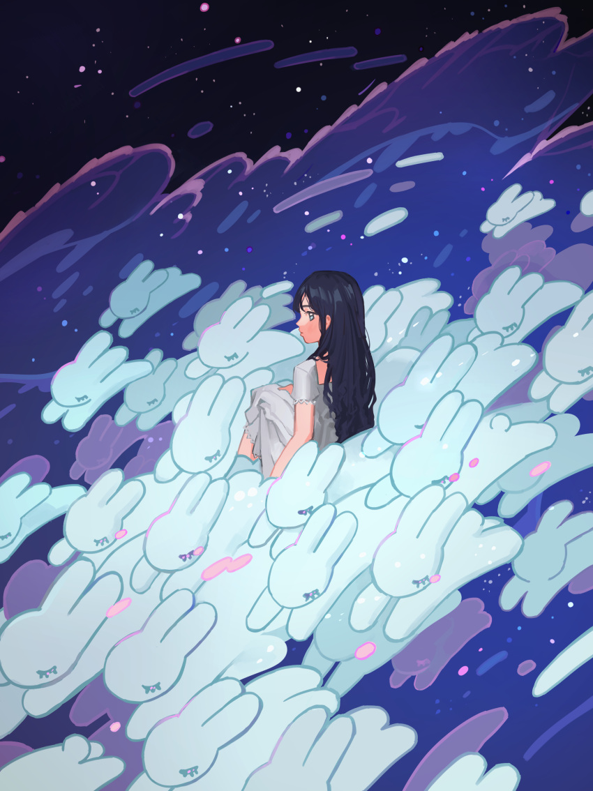 1girl absurdres black_hair blue_eyes closed_mouth commentary dress english_commentary full_body highres long_hair looking_back mixed-language_commentary myango_(applemangocrape) original profile rabbit short_sleeves solo space starry_background white_dress
