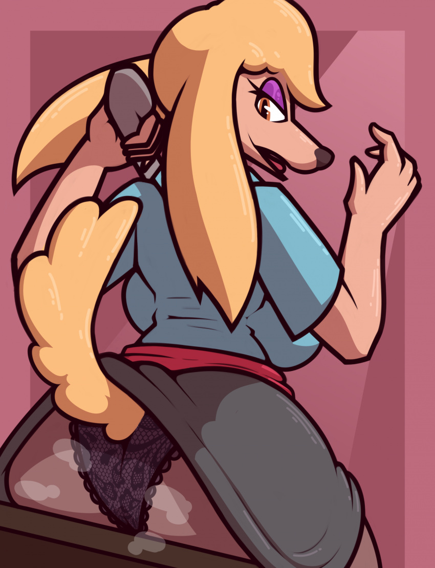 anthro bell_atlantic_secretary big_breasts big_butt blonde_hair bottomwear breasts butt canid canine canis clothed clothing domestic_dog female hair hi_res holding_object holding_phone ikakins mammal panties phone raised_bottomwear raised_clothing raised_skirt skirt solo underwear