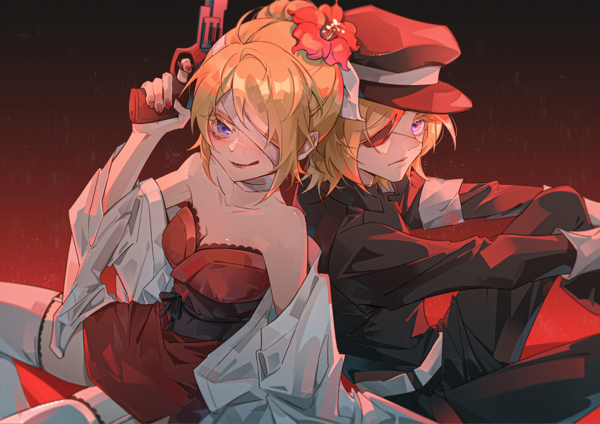 1boy 1girl :q absurdres bandage_over_one_eye blonde_hair blue_eyes breasts cleavage colored_eyelashes commentary expressionless eyepatch frown gradient_background gun hair_bun hat highres holding holding_gun holding_weapon japanese_clothes kagamine_len kagamine_rin karakuri_burst_(vocaloid) looking_at_viewer military_uniform momoju163 nail_polish peaked_cap red_nails scar scar_on_face short_hair single_hair_bun thighhighs tongue tongue_out uniform vocaloid weapon