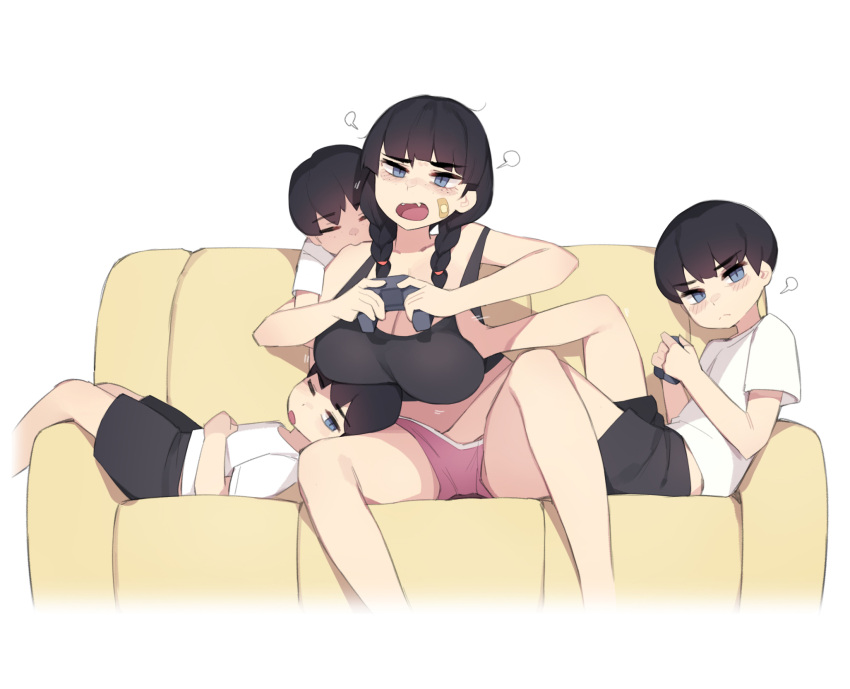 1girl 3boys =3 age_difference bandaid bandaid_on_face black_hair black_shorts black_tank_top braid breast_press breast_rest breast_smother breasts breasts_on_head brother_and_sister controller couch face_to_breasts fang furrowed_brow game_controller greyscale head_on_another's_shoulder head_rest highres holding holding_controller holding_game_controller kicking large_breasts monochrome motion_lines multiple_boys on_couch one_eye_closed onee-shota open_mouth original pepper0 pink_shorts playing_games shirt short_hair shorts siblings tank_top twin_braids white_background white_shirt