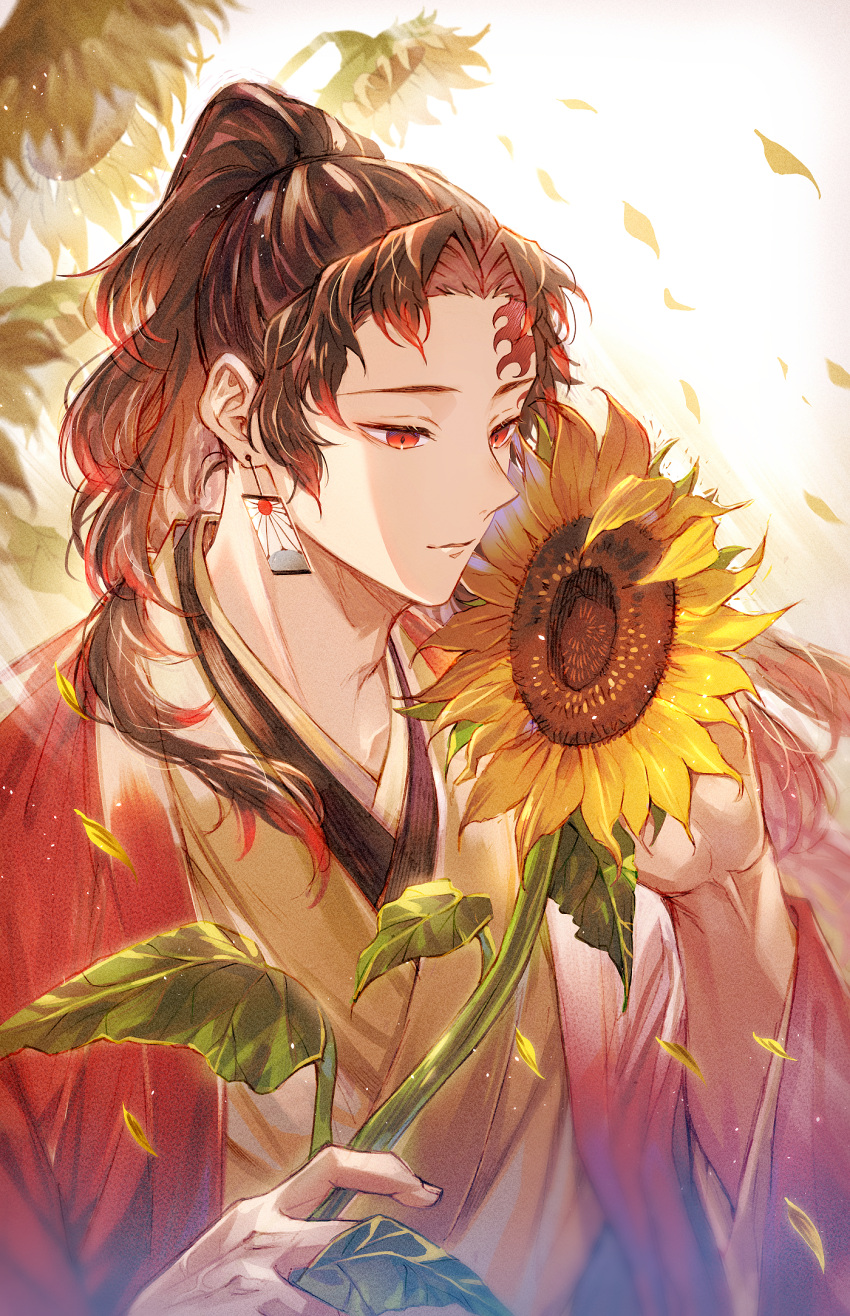 1boy bloom brown_hair brown_kimono commentary_request earrings facial_tattoo falling_petals flower hanafuda hanafuda_earrings hands_up haori high_ponytail highres holding holding_flower jacket japanese_clothes jewelry kimetsu_no_yaiba kimono leaf light_particles long_hair long_sleeves male_focus multicolored_hair open_clothes open_jacket oyumai parted_bangs parted_lips petals ponytail red_eyes red_hair red_jacket sidelocks smile solo sunflower tattoo tsugikuni_yoriichi upper_body wide_sleeves yellow_flower