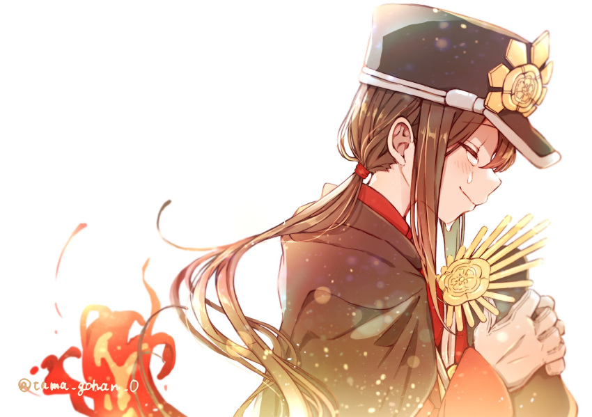 1boy blush closed_eyes closed_mouth crying facing_to_the_side family_crest fate/grand_order fate_(series) fiery_hair gloves hair_between_eyes hat hi_(wshw5728) highres long_sleeves low_ponytail military_hat oda_nobukatsu_(fate) oda_uri otoko_no_ko peaked_cap ponytail red_shirt shako_cap shirt simple_background solo tears twitter_username white_background white_gloves