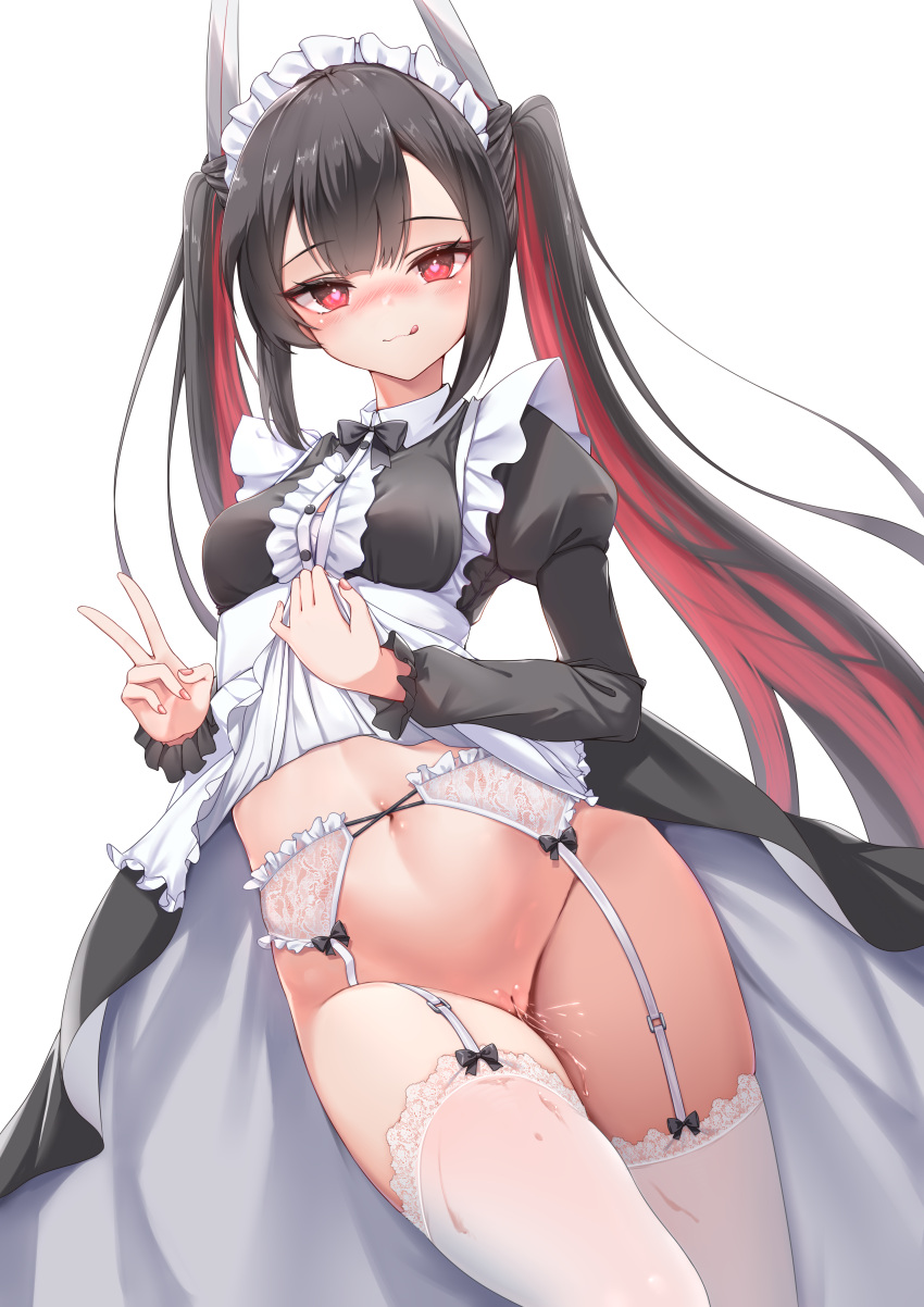 1girl :q absurdres alternate_costume azur_lane black_dress black_hair breasts chinese_commentary cleft_of_venus closed_mouth clothes_lift colored_inner_hair commentary_request dress dress_lift enmaided frills garter_straps hatsuzuki_(azur_lane) heart heart-shaped_pupils highres licking_lips lifted_by_self long_hair looking_at_viewer maid maid_headdress multicolored_hair navel no_panties pussy pussy_juice qian_hen red_eyes red_hair sidelocks small_breasts smile solo symbol-shaped_pupils thighhighs tongue tongue_out twintails underwear v white_background white_thighhighs