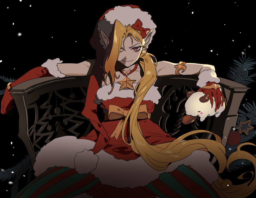 1girl absurdres ambitious_elf_jinx armlet asymmetrical_bangs bare_shoulders blonde_hair bow bracelet closed_mouth cowboy_shot dress elbow_gloves gloves hair_bow hair_over_one_eye hat highres jewelry jinx_(league_of_legends) leaf league_of_legends long_hair looking_at_viewer night night_sky on_chair orange_bow outdoors panties plant pointy_ears ponytail poro_(league_of_legends) potted_plant red_bow red_dress red_eyes red_gloves santa_hat sidelocks single_elbow_glove sitting sky sleeveless smile solo spread_legs star_(symbol) striped striped_panties underwear very_long_hair zaket07