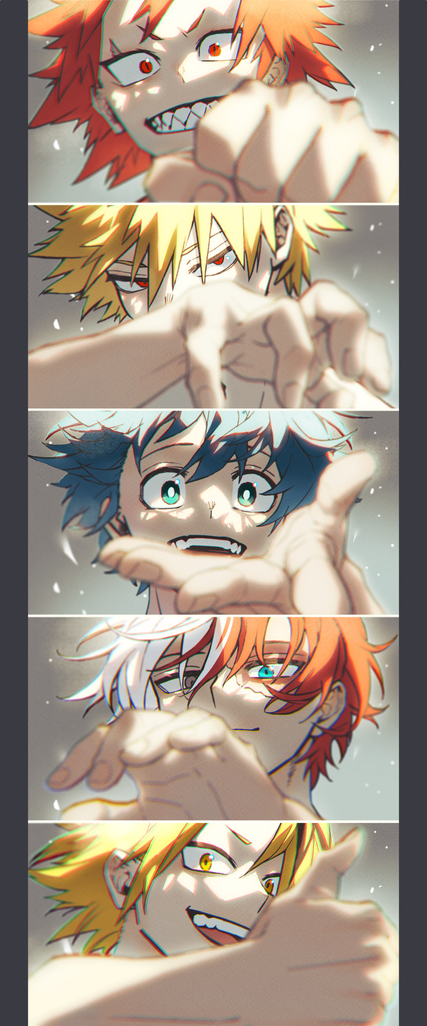 5boys absurdres alternate_hair_color aqua_eyes bakugou_katsuki black_hair blonde_hair blue_eyes blue_hair blurry blurry_foreground boku_no_hero_academia bright_pupils burn_scar cel_shading check_commentary chromatic_aberration clenched_hand closed_mouth commentary_request covered_mouth depth_of_field film_grain fingernails floating_hair freckles grey_background grey_eyes grin hair_between_eyes hand_up happy head_tilt heterochromia highres kaminari_denki kawaharaaisu kirishima_eijirou light looking_at_viewer looking_to_the_side male_focus midoriya_izuku multicolored_hair multiple_boys open_hand open_mouth partial_commentary pillarboxed portrait reaching reaching_towards_viewer red_eyes red_hair sanpaku scar scar_across_eye scar_on_face sharp_teeth short_eyebrows short_hair slit_pupils smile spiked_hair split-color_hair split_screen streaked_hair teeth thumbs_up todoroki_shouto two-tone_hair upper_teeth_only v-shaped_eyebrows white_hair white_pupils yellow_eyes