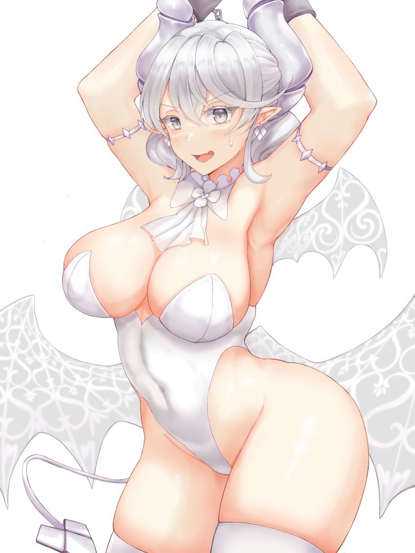 1girl absurdres armpits arms_up breasts cleavage cowboy_shot demon_girl demon_horns demon_wings duel_monster grey_eyes highres horns kiw_kiu large_breasts lovely_labrynth_of_the_silver_castle low_wings multiple_wings pointy_ears transparent_wings white_background white_horns wings yu-gi-oh!