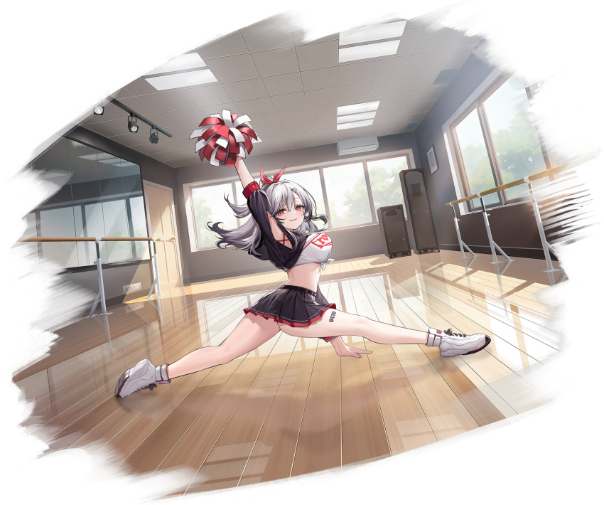 1girl arm_up armpit_cutout armpits arms_up artist_request ass azur_lane bare_legs black_shirt black_skirt blush breasts ceiling_light cheerleader clothing_cutout crop_top day from_side full_body grey_hair hair_between_eyes hair_ribbon highres holding holding_pom_poms indoors large_breasts long_hair looking_at_viewer midriff miniskirt multicolored_hair official_alternate_costume official_art open_mouth parted_lips pleated_skirt pom_pom_(cheerleading) ponytail red_eyes red_ribbon ribbon shirt shoes skirt smile sneakers solo sportswear streaked_hair sunlight thighs two-tone_skirt u-410_(azur_lane) u-410_(practice_makes_perfect)_(azur_lane) white_footwear white_hair window wooden_floor