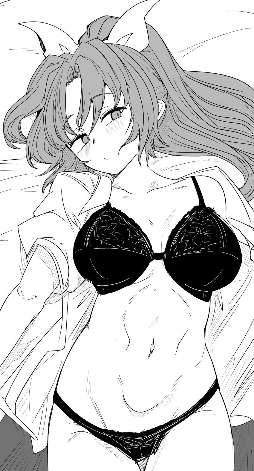 1girl :/ absurdres bow breasts cowboy_shot expressionless from_above greyscale hair_bow half-closed_eyes high_ponytail highres long_hair looking_at_viewer lying medium_breasts mizuga monochrome on_back open_clothes open_shirt puffy_short_sleeves puffy_sleeves short_sleeves solo thigh_gap touhou underwear very_long_hair watatsuki_no_yorihime