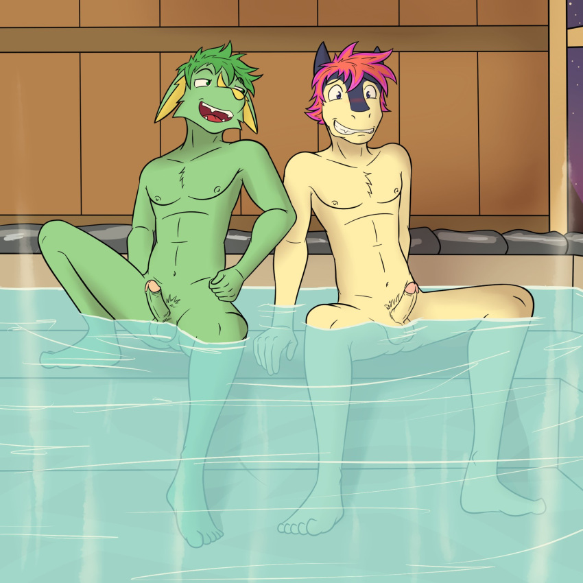 anthro anthrofied aroused balls bathing bathing_together blush duo electrike erection fuze generation_2_pokemon generation_3_pokemon genitals hi_res hisuian_form hisuian_typhlosion hot_spring humanoid_genitalia humanoid_penis hybrid_pokemon jolt_(fuze) looking_at_another male male/male navel night nintendo nipples nude onsen partially_submerged penis pokemon pokemon_(species) pokemorph quilava regional_form_(pokemon) sitting sitting_in_water water