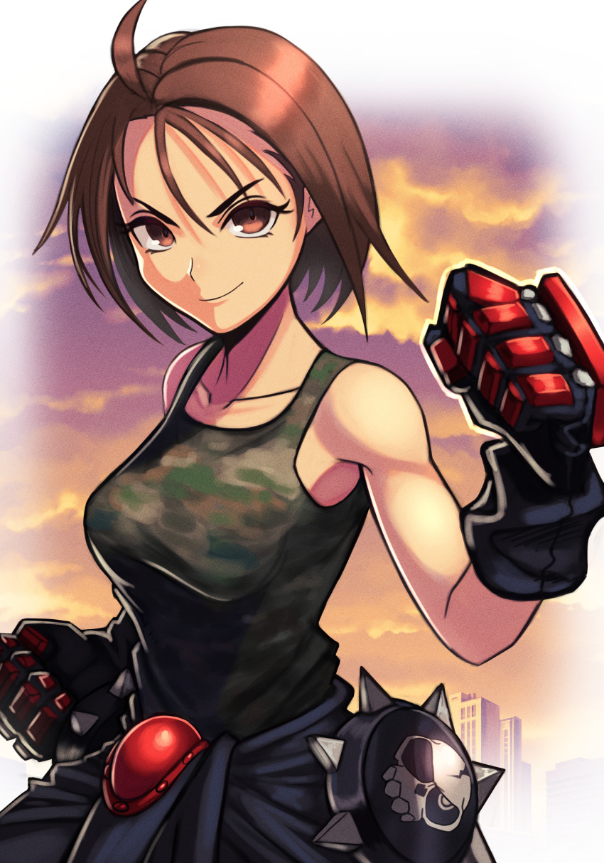 1girl absurdres ahoge breasts brown_eyes brown_hair building camouflage camouflage_tank_top fighting_stance gloves highres justice_gakuen kazama_akira looking_at_viewer medium_breasts short_hair silverchariotx smile solo street_fighter street_fighter_v sunset