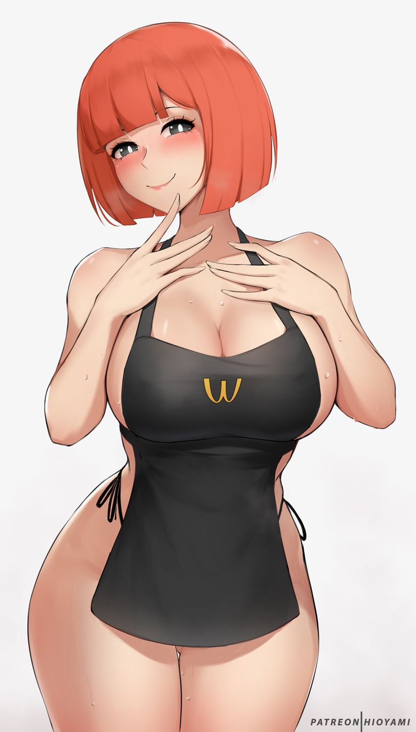 1girl apron bare_arms bare_shoulders black_apron bob_cut breasts cleavage commentary cowboy_shot grey_background grey_eyes hands_on_own_chest highres hioyami large_breasts looking_at_viewer mother_(yoru_mac) naked_apron orange_hair panties pink_lips short_hair side-tie_panties simple_background smile solo standing thick_thighs thighs underwear wcdonald's yoru_mac