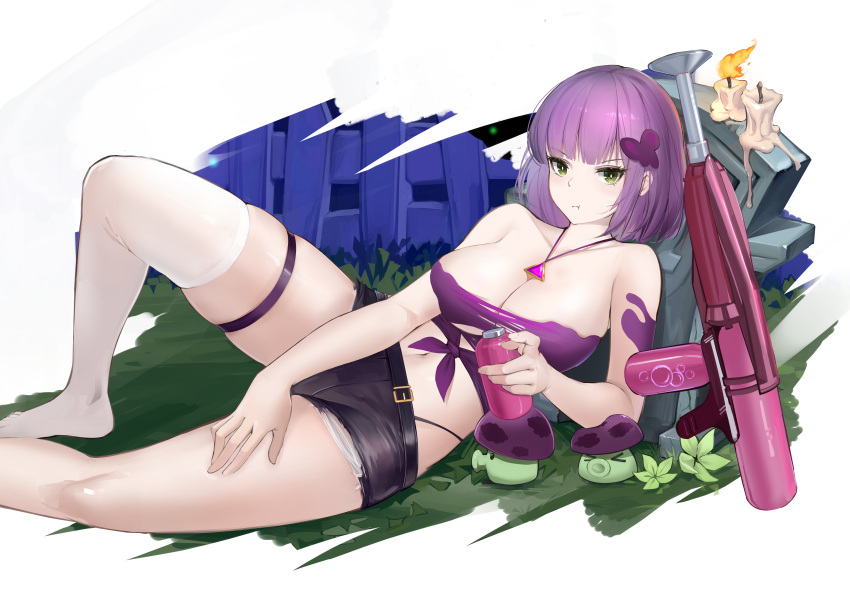 1girl :t absurdres bare_shoulders black_shorts breasts candle closed_mouth collarbone commentary error fire foot_out_of_frame fume-shroom green_eyes hand_on_own_thigh highleg highleg_panties highres holding humanization jewelry large_breasts leaning_on_object looking_at_viewer meme midriff mushroom navel necklace no_shoes original panties plants_vs_zombies purple_hair purple_tube_top short_hair shorts sidelocks single_thighhigh skindentation solo strapless string_panties thigh_strap thighhighs tombstone tube_top underwear weapon white_thighhighs zhuang_buchun