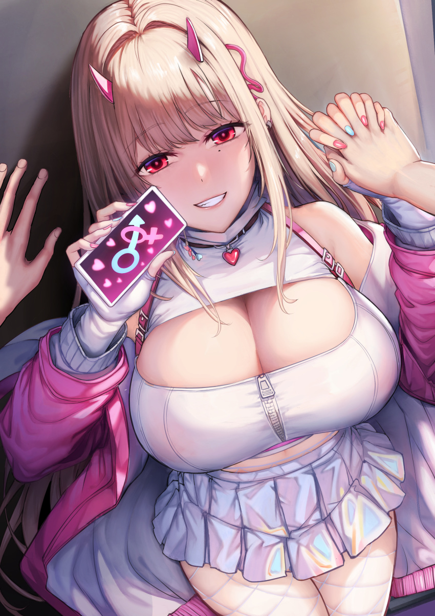 1girl absurdres bare_shoulders blush breasts chain cleavage crop_top fingerless_gloves gloves goddess_of_victory:_nikke highres holding holding_hands holding_phone holographic_clothing horns huge_breasts jacket large_breasts light_brown_hair long_hair looking_at_viewer miniskirt mole mole_under_eye nail_polish off_shoulder open_mouth pantyhose phone pink_horns pleated_skirt red_eyes shiny_clothes shiny_skirt sidelocks skirt smile solo tama_yu viper_(nikke) white_gloves white_jacket zipper