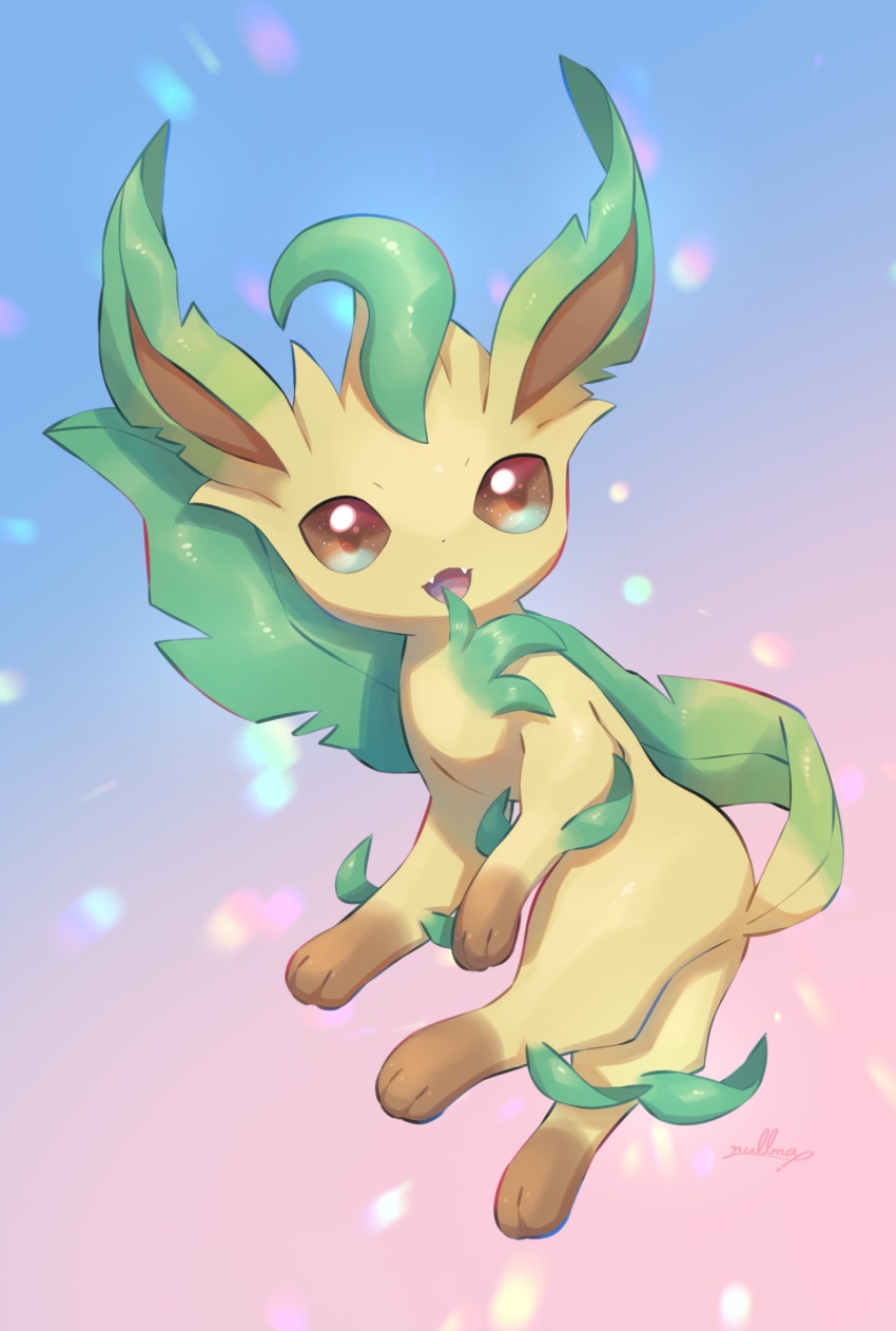 artist_name gradient_background highres leafeon looking_at_viewer no_humans nullma open_mouth pokemon pokemon_(creature) signature simple_background solo watermark