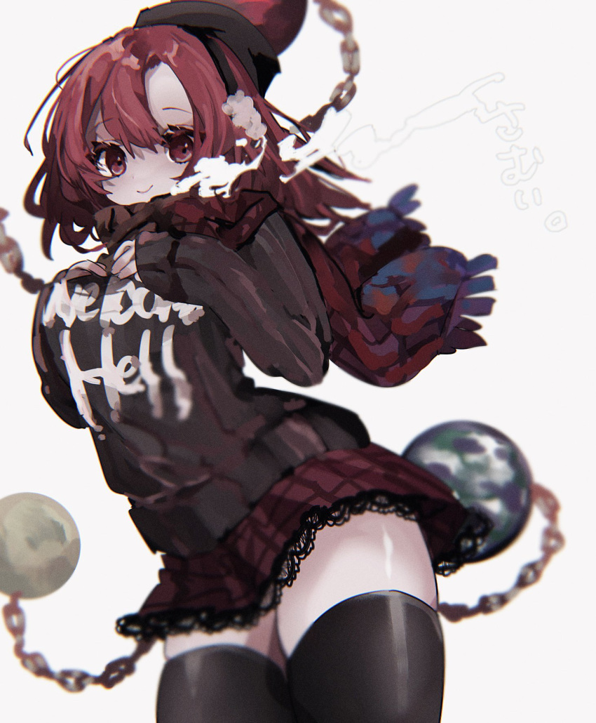 1girl adapted_costume ayahi_4 black_sweater black_thighhighs breath chain closed_mouth clothes_writing commentary_request cowboy_shot earth_(ornament) hands_on_own_chest hands_up hecatia_lapislazuli highres lace-trimmed_skirt lace_trim long_hair long_sleeves looking_at_viewer moon_(ornament) polos_crown red_eyes red_hair red_scarf red_skirt scarf simple_background skirt smile solo sweater thighhighs thighs touhou underworld_(ornament) white_background