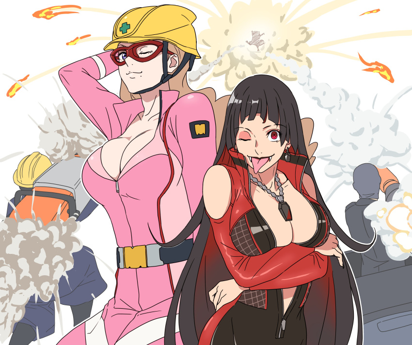 2boys 2girls :3 absurdres arm_up baggy_pants belt birdie_wing:_golf_girls'_story black_hair blonde_hair breasts brown_hair character_request cleavage commentary_request crossover fangs fangs_out glasses helmet highres large_breasts long_hair long_sleeves looking_at_viewer lyra_candeyheart mole mole_under_mouth multiple_boys multiple_girls one_eye_closed pants peck_desmont purple_eyes red_eyes sosona squirrel standing the_marginal_service zeno_stokes